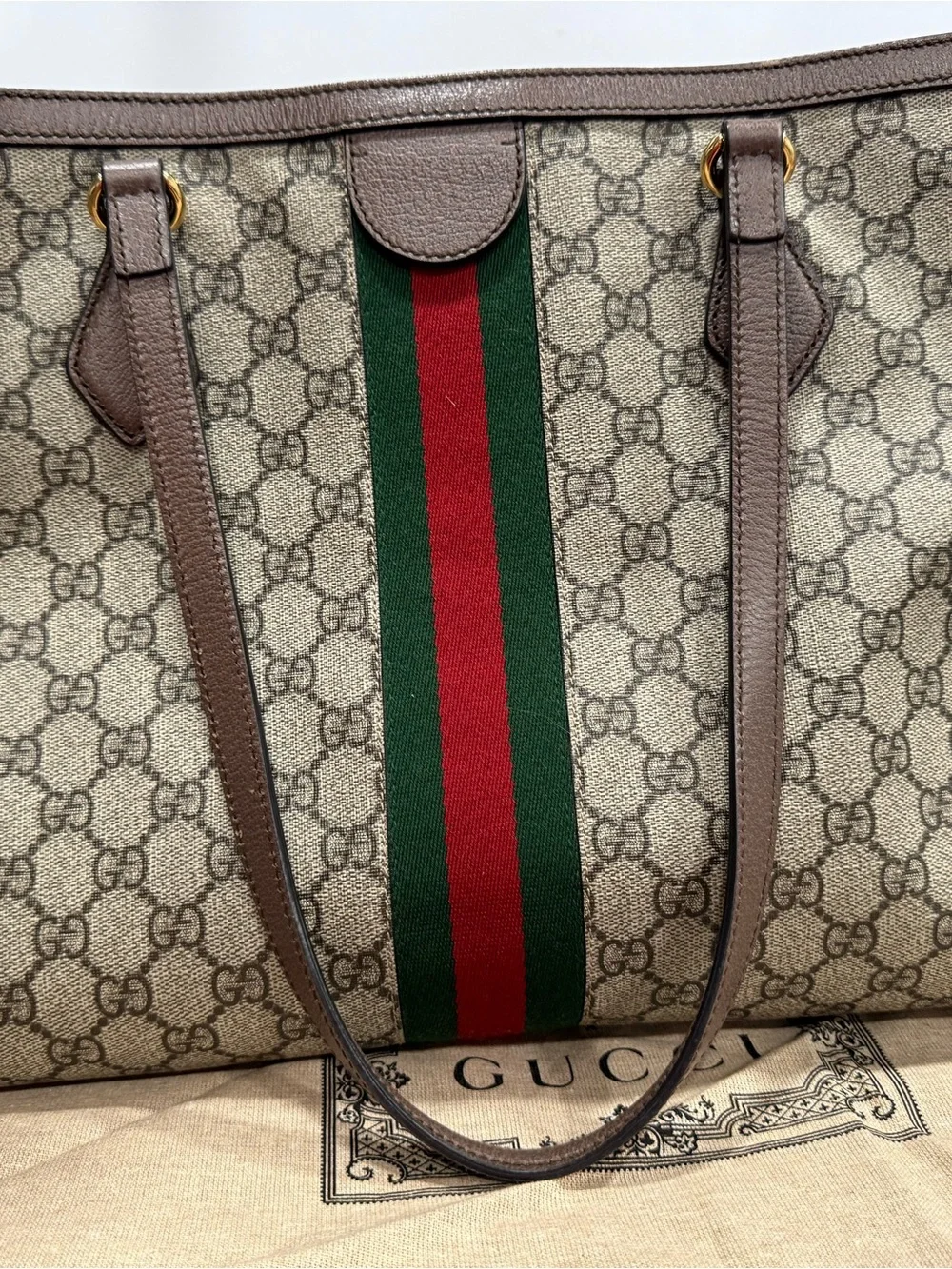 Gucci Ophedia Beige GG Supreme Canvas Tote with Brown Trim and Green-Red Web